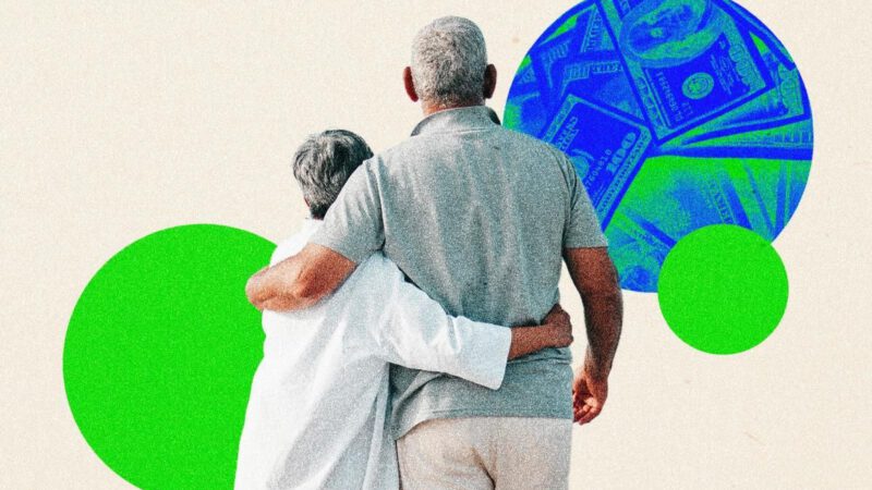An elderly couple seen from behind, walking closely with arms around each other. The scene has a soft, textured background with abstract green circles and a blue circular graphic filled with dollar bills, suggesting themes of retirement, financial security, and companionship.