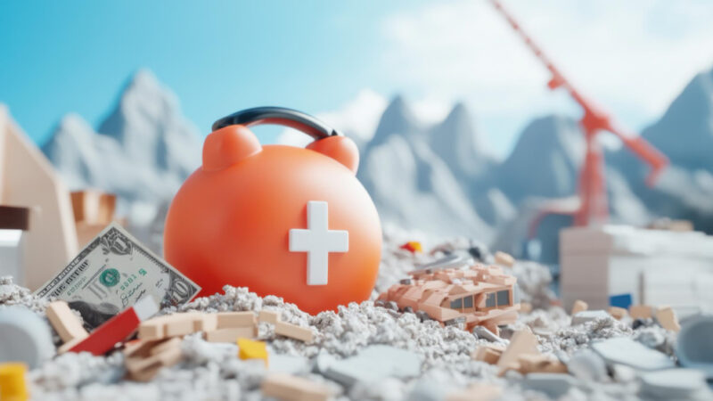 A orange object with a cross on it is in front of a mountain