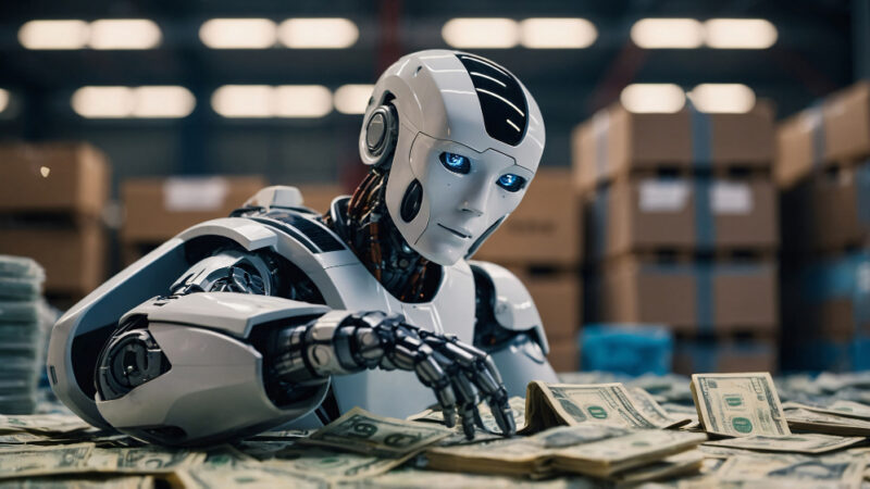 Advanced technological robot interacting with money and finance