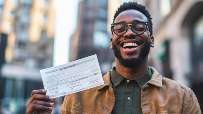 A person happily holding a paycheck or bank statement representing the concept of paying oneself for hard work