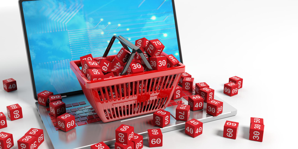 Discount cubes in a shopping basket 3d illustration
