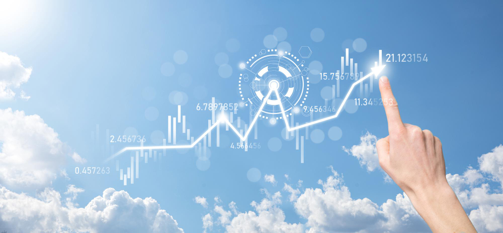 Hand hold sales data and economic growth graph chart. Business planning and strategy. Analysing trading of exchange. Financial and banking. Technology digital marketing.Profit and growing plan.
