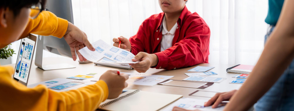 Panorama banner of startup company employee planning on user interface synergic
