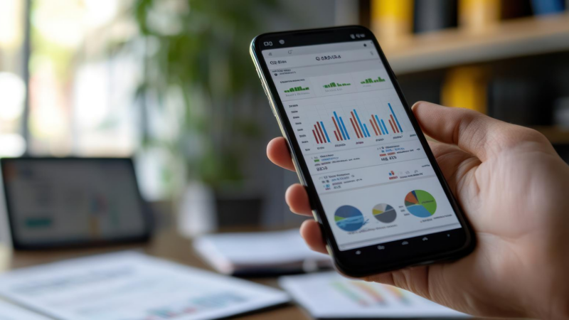 Hand holding a smartphone with a business graph on the screen in a modern office