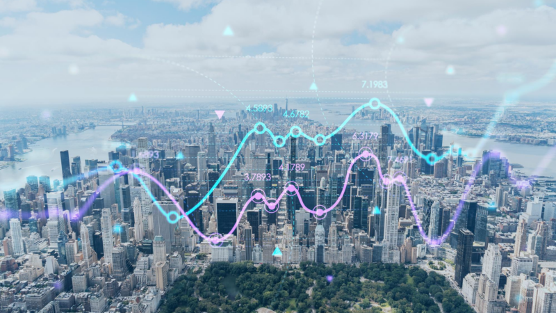 Aerial panoramic helicopter city view of midtown manhattan neighborhoods and central park new york usa forex graph hologram the concept of internet trading brokerage and fundamental analysis