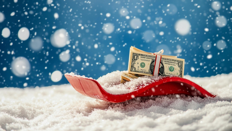 Shopping cart with dollars snow flakes and fir tree on winter background holiday sale concept