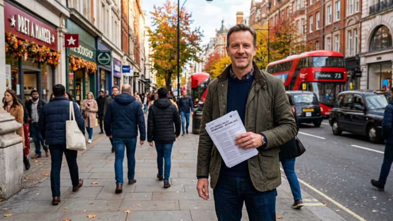 A middle-aged White man with short brown hair, wearing a light jacket, standing outdoors in a bustling city street during a crisp autumn day, holding policy information.