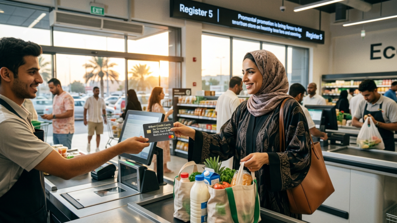 A Middle Eastern woman with a hijab, wearing a long, flowing abaya, is at the checkout counter of a modern supermarket on a hot summer evening, holding a @Best Credit Cards for Groceries in 2026: Earn 3-6% Back on Every Trip.