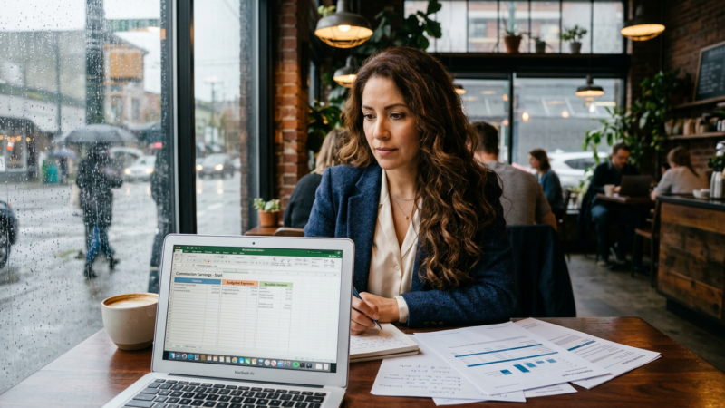 A Latina woman with long, wavy dark hair, wearing a professional blazer over a blouse, is at a cafe during a rainy afternoon, reviewing financial documents on her laptop to budget for her commission-based earnings.