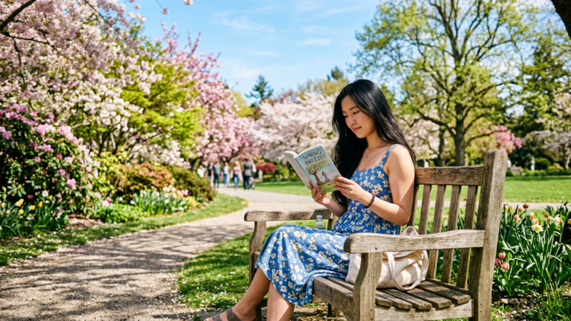 A young East Asian woman with long black hair, wearing a blue sundress, sitting on a park bench in spring, under a clear blue sky, reading a book.