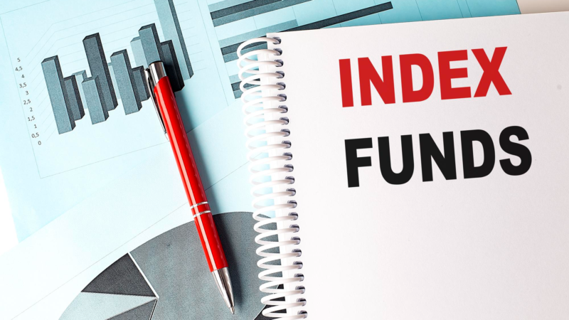 Index funds text on notebook on chart background