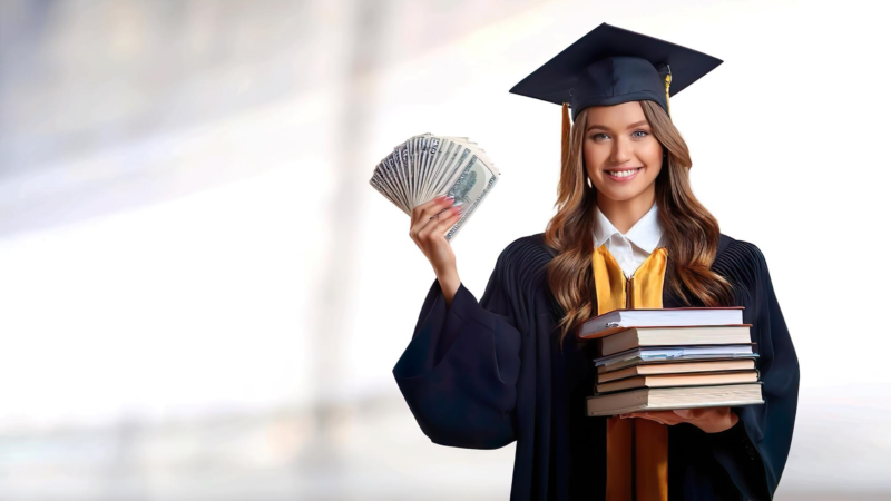 Portrait of a scholar holding books and money as a symbol that everyone can be successful with money