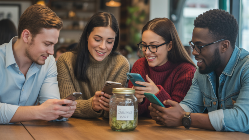 stock image: group of friends planning finances with smartphone apps, casual cafe setting, visible savings jar