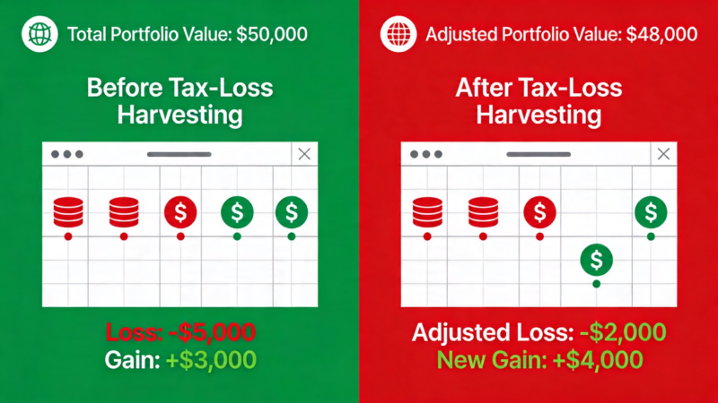 Tax-Loss Harvesting infographic showing before/after portfolio, annotated losses and gains