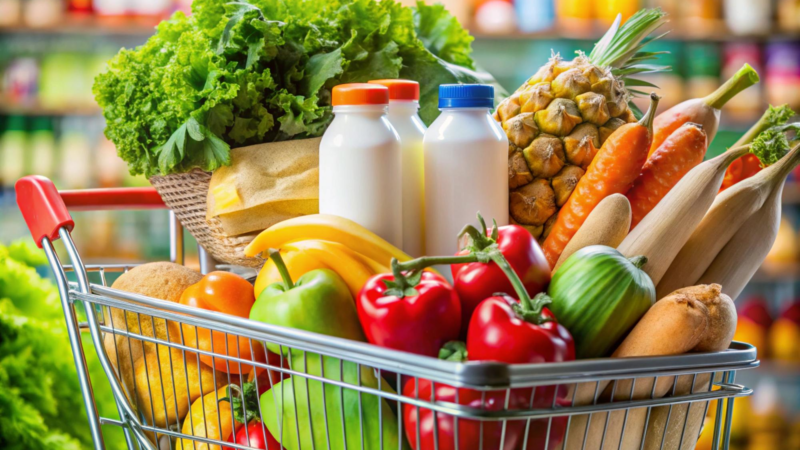 Closeup of shopping cart filled with diverse groceries