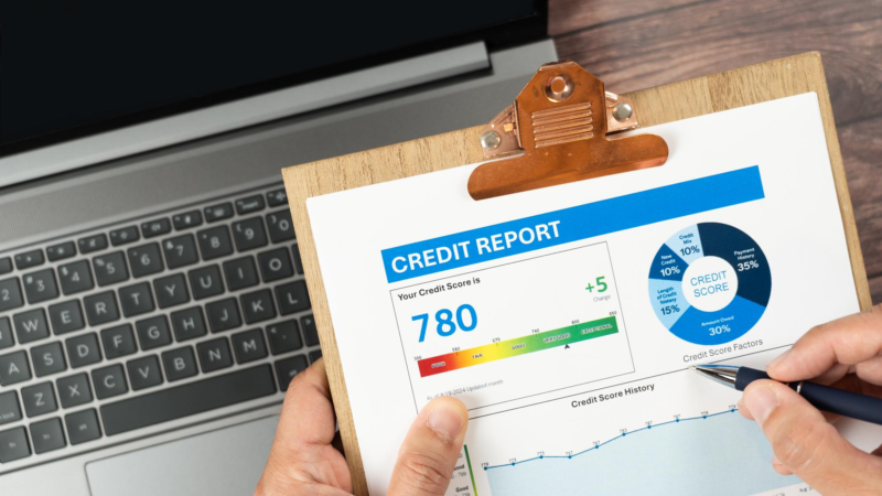 Credit score report on clipboard with pen