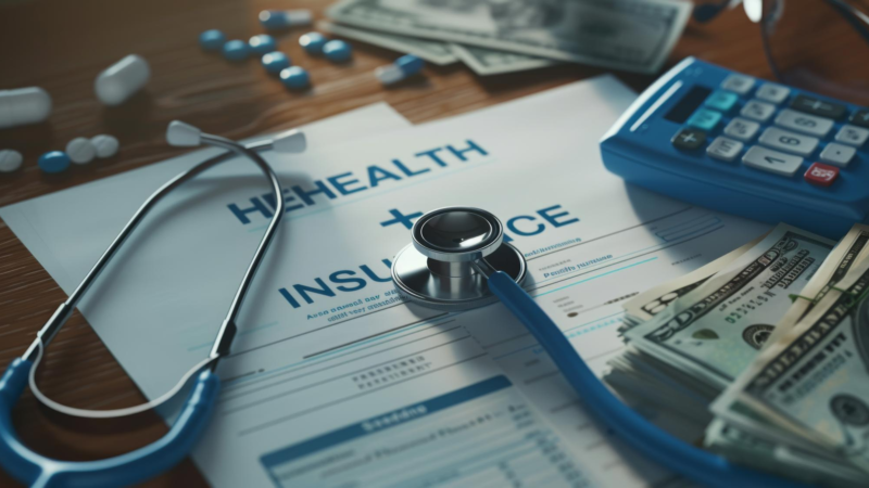 A closeup of medical expenses concept with a stethoscope calculator and us dollar bills on a medical billing statement depicting the financial aspect of healthcare